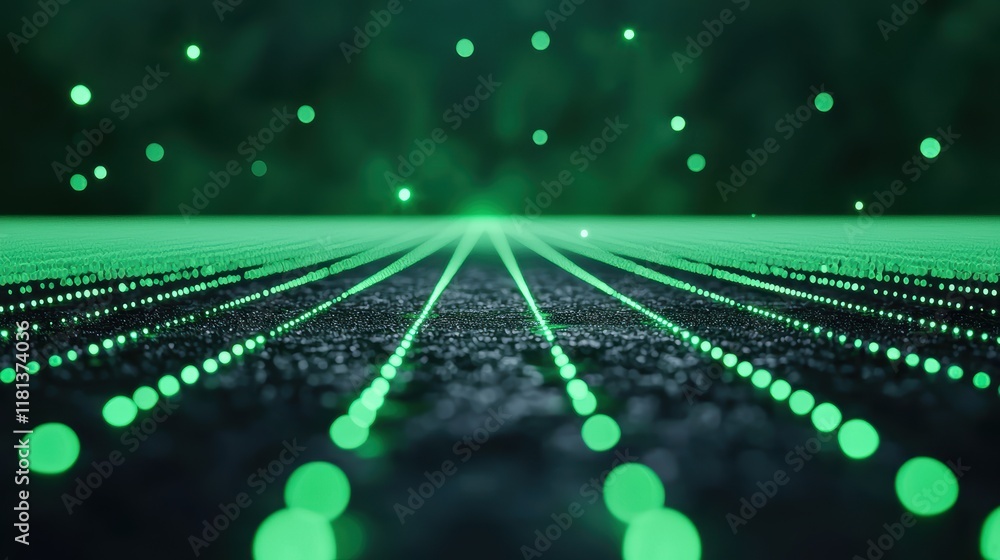 Poster a network of green laser beams forming a complex geometric pattern, representing data transmission a