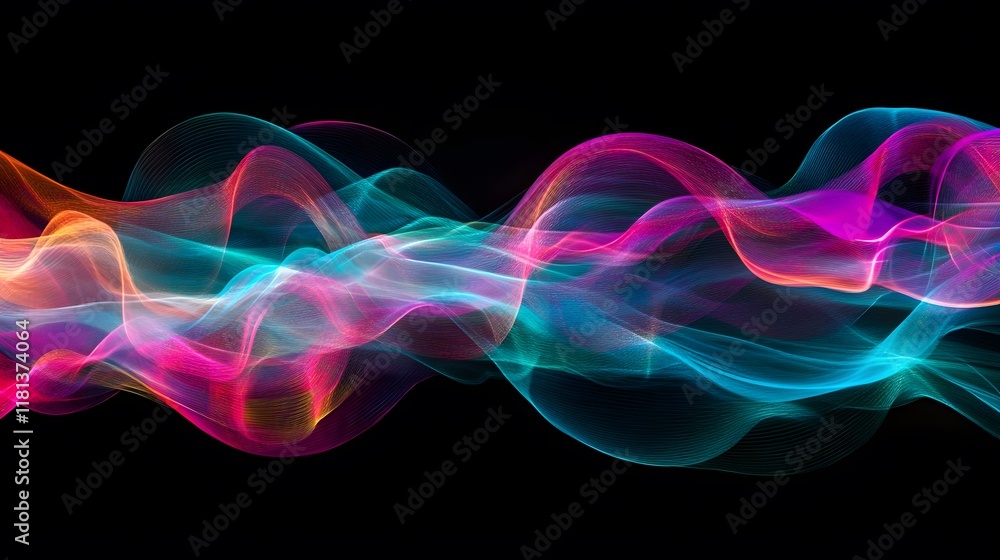 Poster glowing abstract lines and waves in purple and blue with a dynamic, fractal design and smooth motion