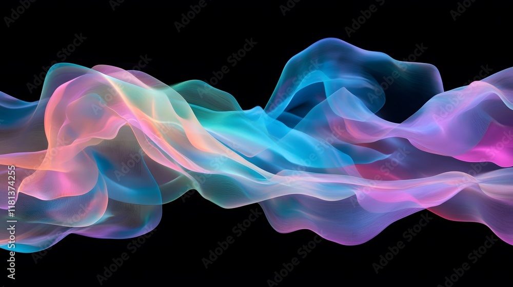 Poster glowing abstract lines and waves in purple and blue with a dynamic, fractal design and smooth motion