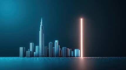 A futuristic cityscape at night with glowing energy beams shooting skyward, representing advanced technology and power.