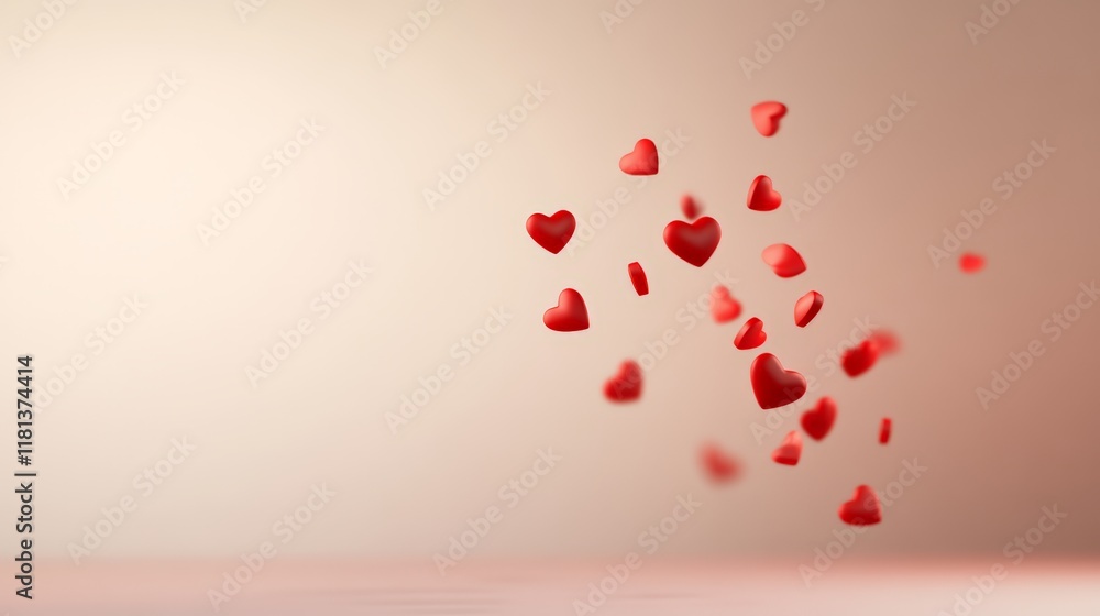 Poster red hearts floating against a soft pastel background create a romantic, dreamy atmosphere ideal for 
