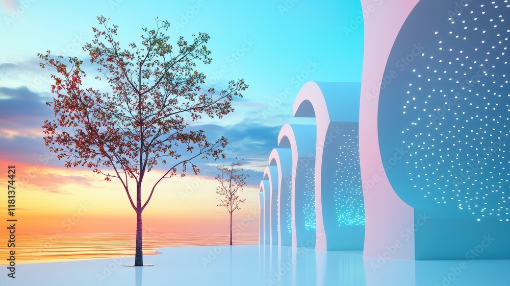 Poster glowing energy beams connecting a network of futuristic buildings, representing a source of clean an