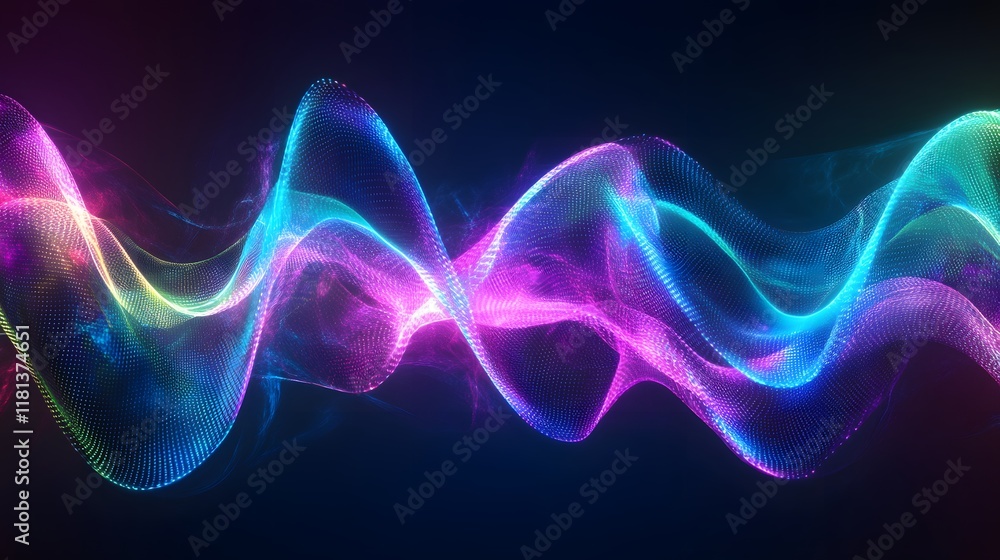 Poster glowing abstract lines and waves in purple and blue with a dynamic, fractal design and smooth motion