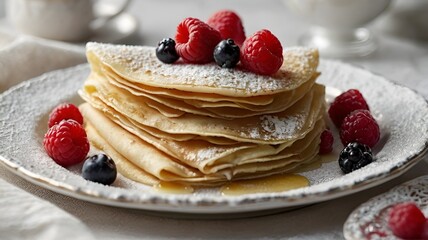 Sweet Crepe Stack with Fresh Mixed Berries and Syrup