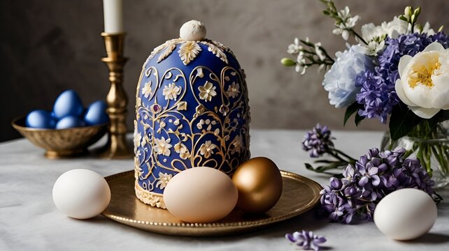 Ornate Blue and Gold Easter Kulich with Floral Accents