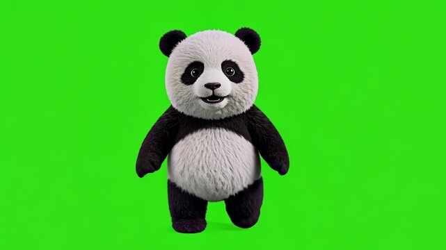 Walking baby Panda bear isolated on green chroma key background. Full body shot, alpha transparent overlay