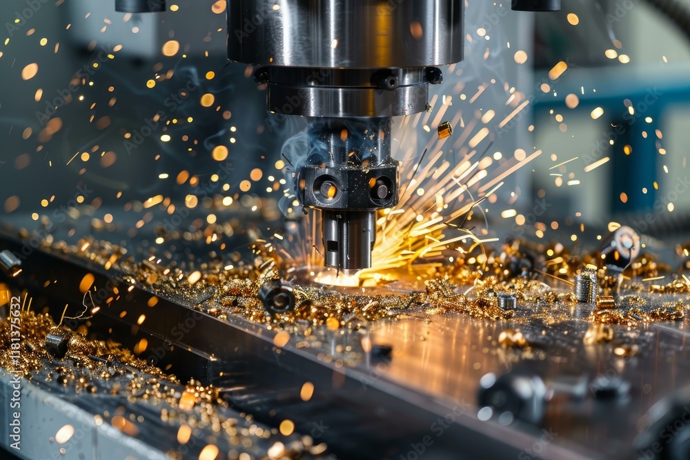 Poster metalworking cnc milling machine creating sparks during metal processing