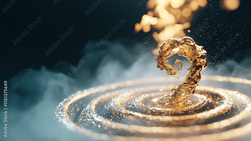 Poster abstract image of swirling golden smoke against a black background, creating a mystical and ethereal