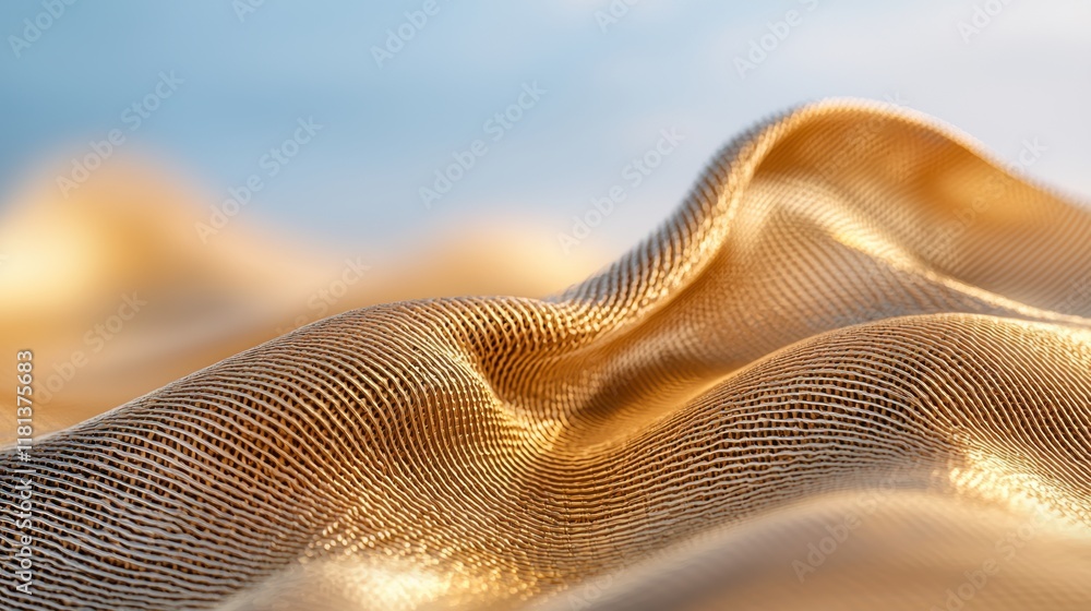 Poster a close up shot of shimmering gold fabric with a subtle wave pattern, catching the light and creatin