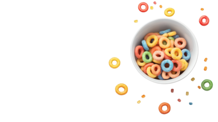 white bowl with colorful cereal rings isolated on white transparent background