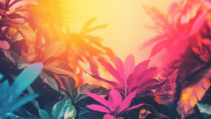 Vibrant tropical plants illuminated by warm sunlight in the background