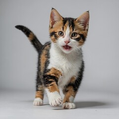 A playful calico kitten with a joyful expression, running energetically across a white background.