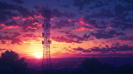 Naklejka premium sunset view of telecommunication tower 