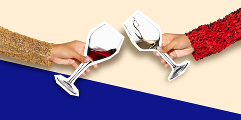 Female hands holding white and red wine cut-out glasses and clicking them in a celebratory toast on...