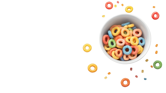 white bowl with colorful cereal rings isolated on white transparent background