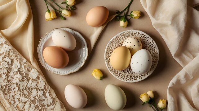Rustic Easter Eggs with Yellow Roses Flatlay