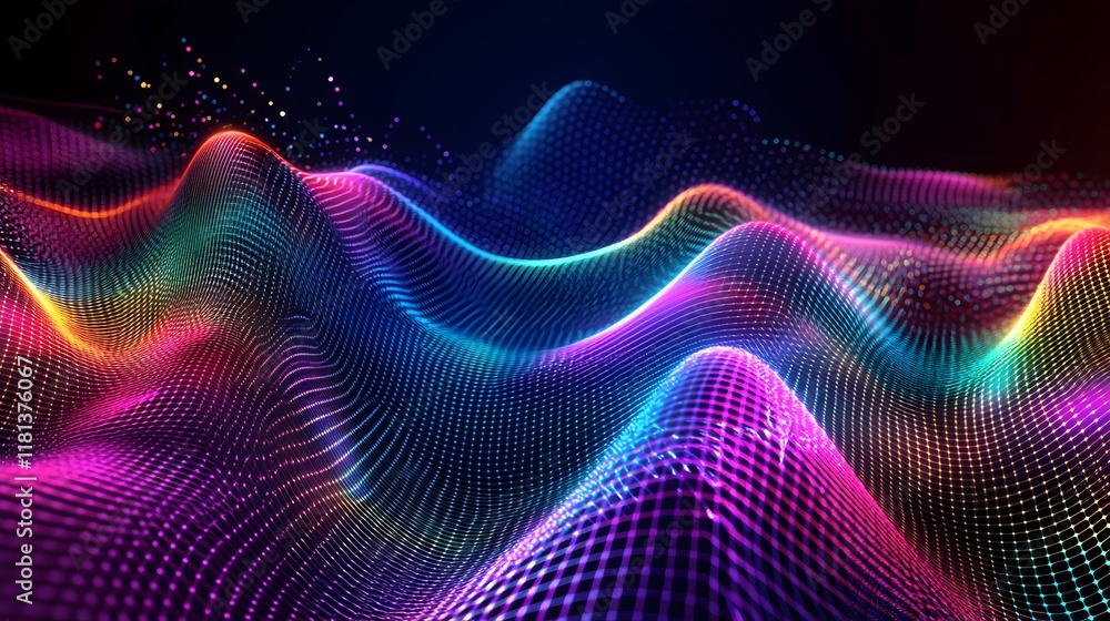 Poster vibrant wave of colorful light, abstract neon patterns flowing in waves, suitable for tech themes or