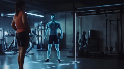 Fototapeta premium An AI-powered personal trainer guiding a workout session via hologram. 
