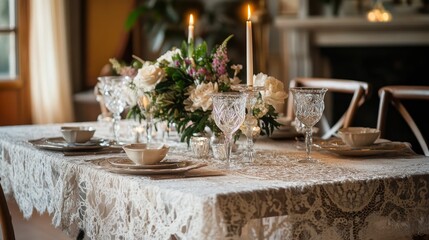 Elegant table setting: lace cloth, candles, crystal glassware, flowers.