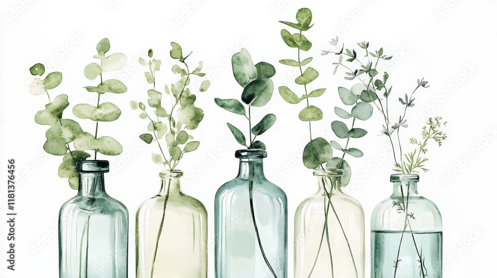 Poster Elegant Greenery Displayed in Bottles with Soft Green Tones