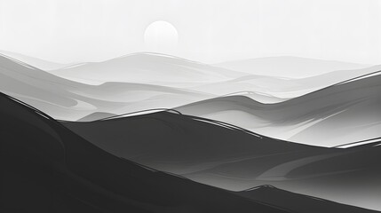 Serene monochrome landscape with rolling hills, conveying calmness and tranquility.