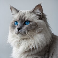 A fluffy silver-blue Birman cat with bright blue eyes, perched beautifully on a white backdrop.