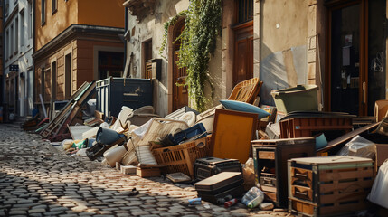 A heap of assorted discarded household items and furniture piled up on a cobblestone street, depicting a bulk waste collection day in an urban environment.