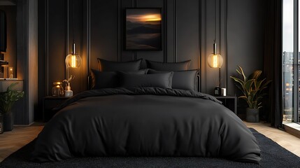 Sleek black bed sheet matching pillowcase styled modern industrial bedroom metallic decor dramatic lighting s 350 ar 169 v 61 1280092550933254240 relaxed Create explore organize