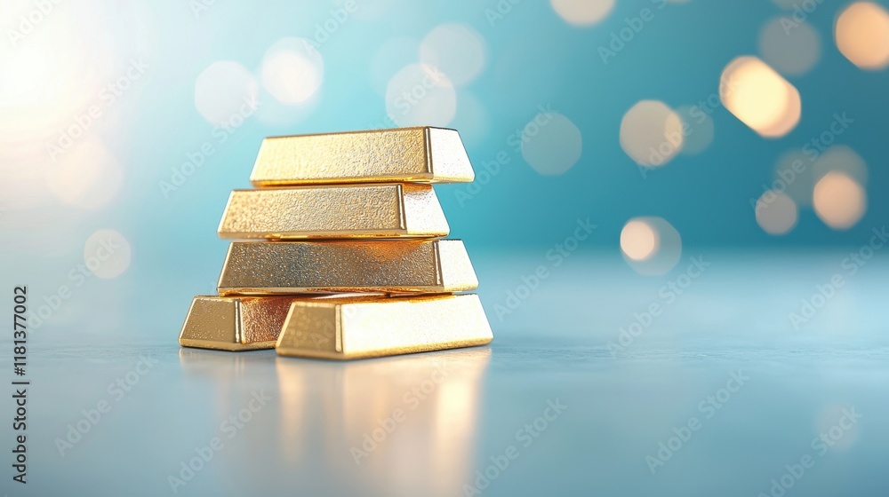 Poster a stack of gleaming gold bars, meticulously arranged and reflecting warm light, creating a sense of 