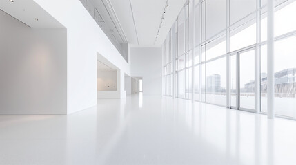 A white interior with expansive windows creates a bright and airy space, offering a modern and minimalist aesthetic for a variety of design and architectural concepts
