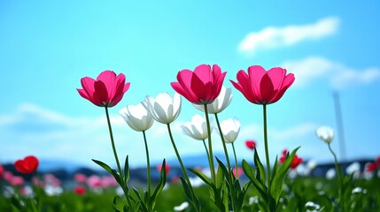 Naklejka premium Vibrant Pink and White Tulips Blooming in a Sunny Spring Field