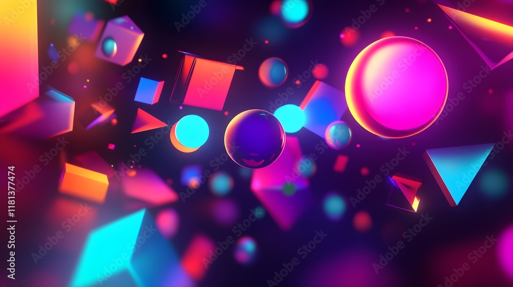 Poster colorful abstract shapes floating in space, vibrant geometric patterns, ideal for digital art backgr
