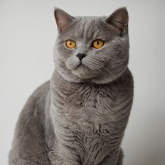 A beautiful British Shorthair cat with round golden eyes and a soft gray coat, elegantly sitting against a clear white backdrop.