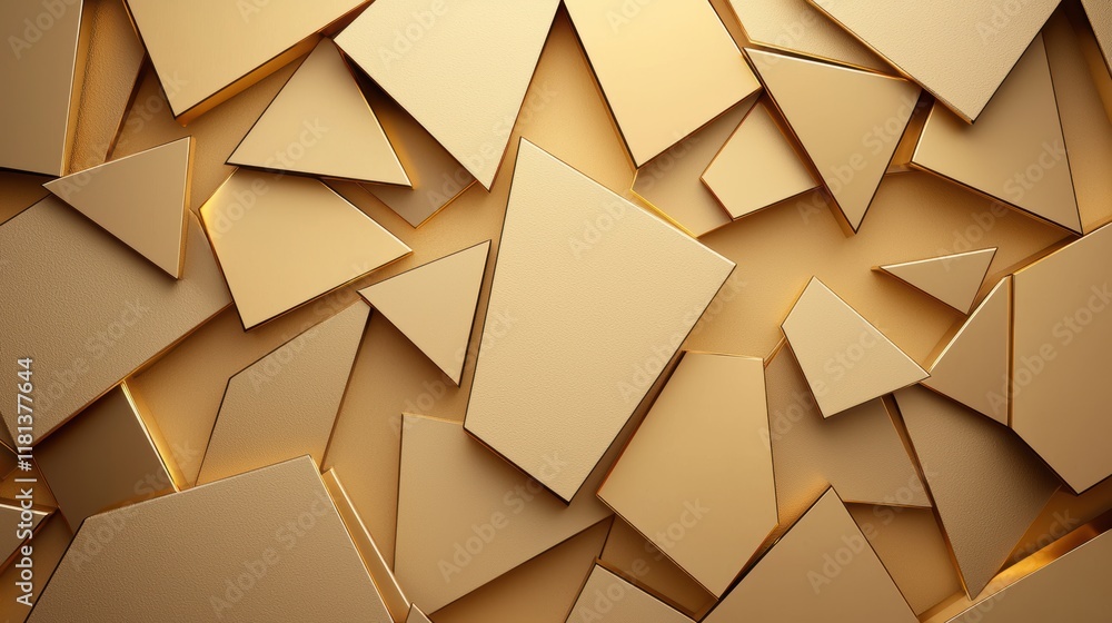 Poster an abstract background of overlapping gold geometric shapes, creating a sense of depth, dimension, a