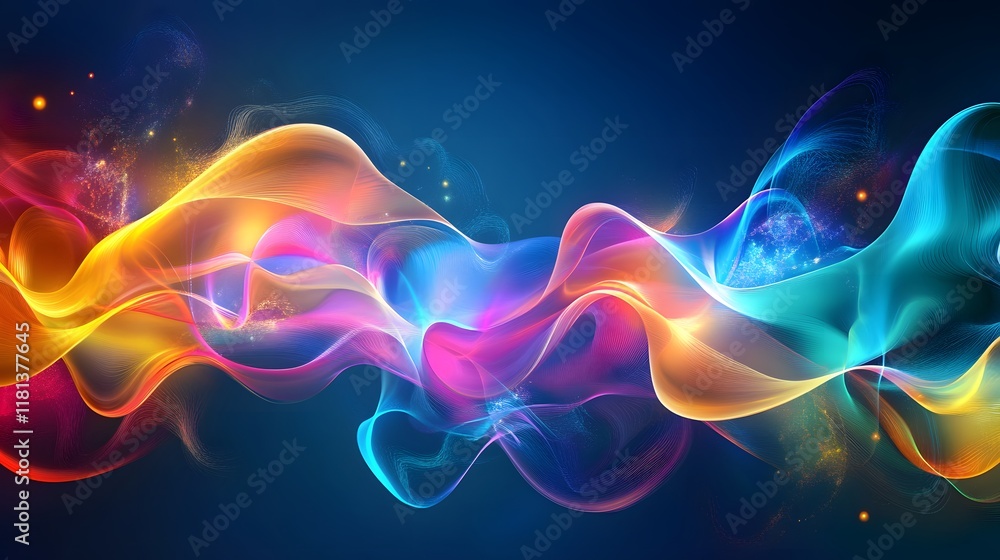 Poster colorful abstract wave pattern, vibrant flowing colors creating a dynamic sense of motion, great for