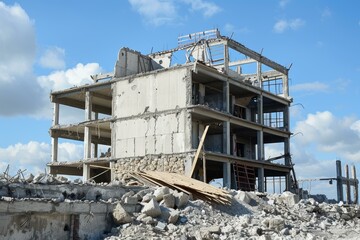 Remains of a demolished concrete building under a cloudy blue sky