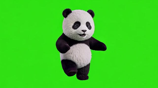 Looped dancing baby Panda bear isolated on green chroma key background. Full body shot, alpha transparent overlay