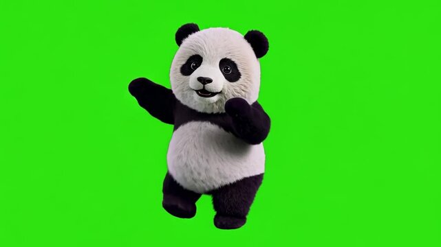 Looped dancing baby Panda bear isolated on green chroma key background. Full body shot, alpha transparent overlay