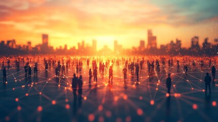 People connecting in a vibrant city during sunset