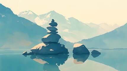 Serene stone stack near calm waters, surrounded by majestic mountains, creating a peaceful landscape