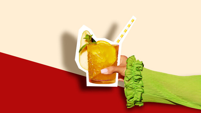 Refreshing cut-out cocktail with garnishes of pear slices and mint, held by hand in a bright green sleeve, styled in a bold collage design. Concept of drinks, party, celebration - Powered by Adobe