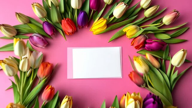 White card with a blank space sits in the middle of a bouquet of flowers. The card is surrounded by a variety of colorful tulips, creating a vibrant and cheerful atmosphere