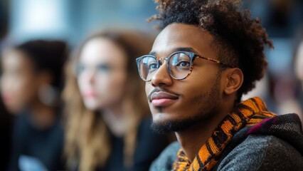 Obraz premium Engaged young man listening intently during a group discussion