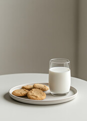 A plate holds freshly baked cookies alongside a tall glass filled with milk. The simple arrangement sits on a round light-colored table, creating a cozy and inviting atmosphere in a well-lit space