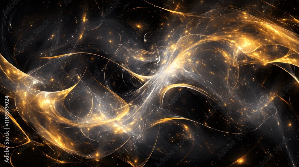 Poster abstract swirling patterns, dynamic gold and black designs creating a sense of movement, ideal for b