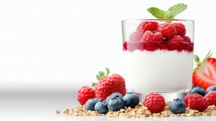 A glass filled with layers of creamy yogurt, granola, and vibrant mixed berries raspberries, blueberries, and strawberries creating a visually appealing and healthy parfait.