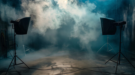 studio room's concrete floor and dark blue asphalt background create a moody atmosphere, with smoke adding texture and depth, providing an ideal setting for product displays in stock photos 