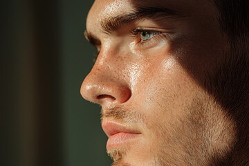 Obraz premium A close-up of a person’s face showing a deep sadness, with soft, dim lighting that highlights their teary eyes and emotional pain, creating a vulnerable and sorrowful mood.