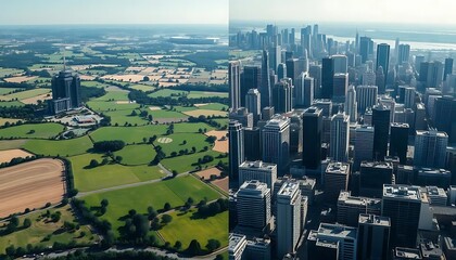 Obraz premium Serene Countryside juxtaposed with a Modern Metropolis: An Aerial Contrast