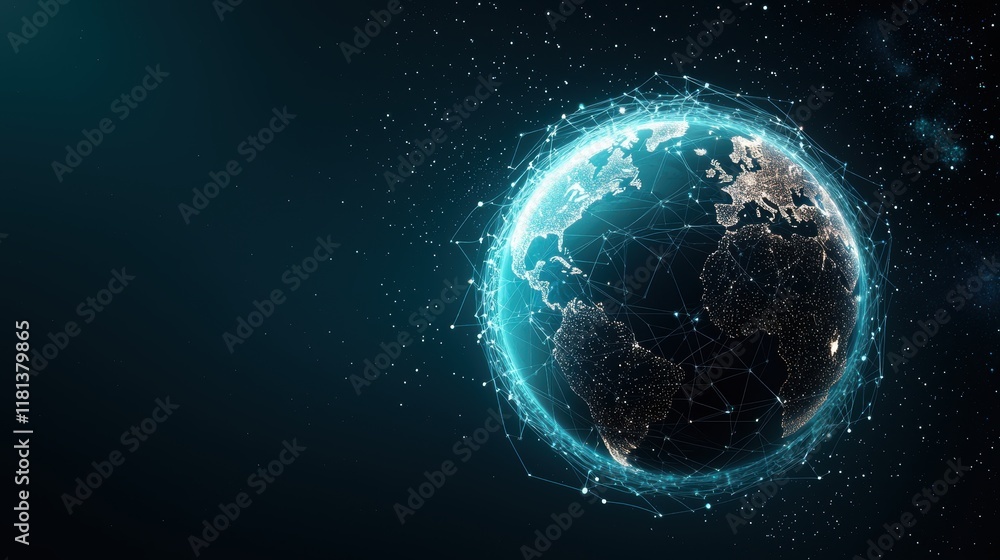 Poster a glowing globe interconnected with a web of nodes and lines, representing global communication and 